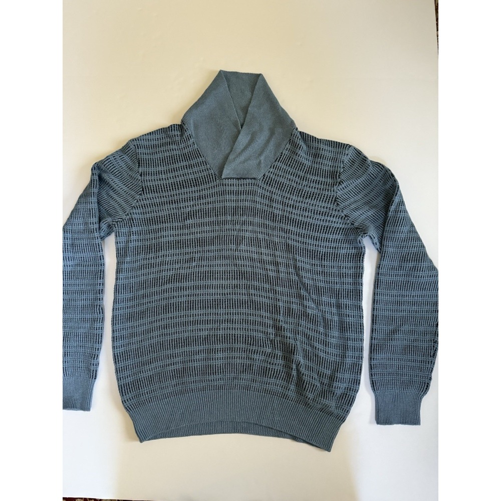 Perry Ellis Men Large Shawl Collar Sweater Blue Pullover Textured Winter Fall